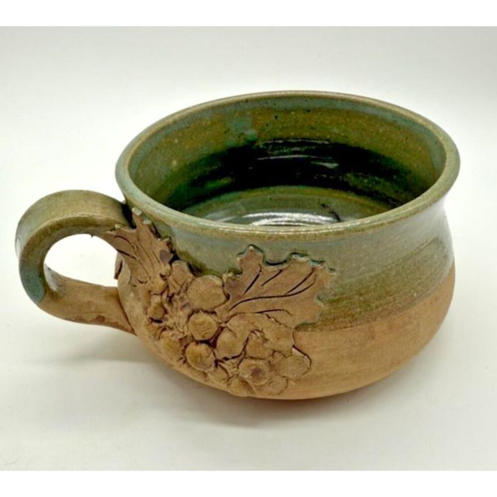 Handmade Studio Pottery Soup Mug Tallan Green Glaze Rustic Flowers Leaves Signed